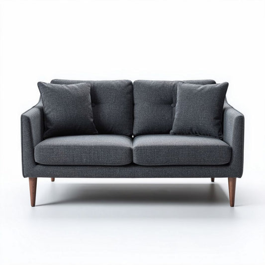 Canapé deux places en tissu gris avec coussins et pieds en bois 160 x 80 x 75cm