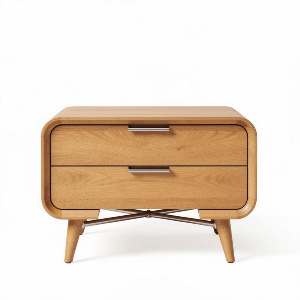 table de chevet en bois naturel avec deux tiroirs et pieds métalliques 60 x 40 x 45cm
