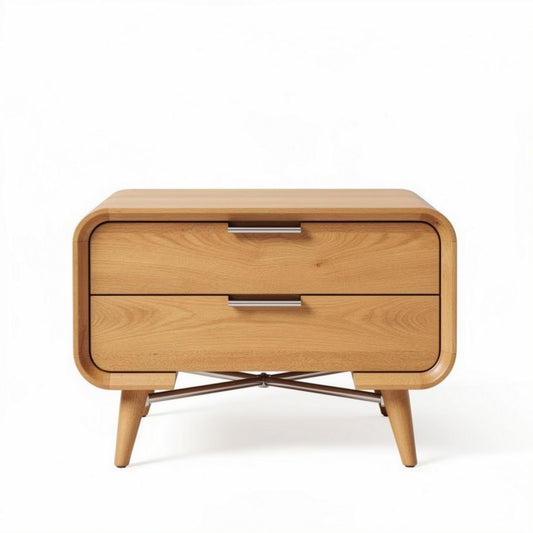table de chevet en bois naturel avec deux tiroirs et pieds métalliques 60 x 40 x 45cm