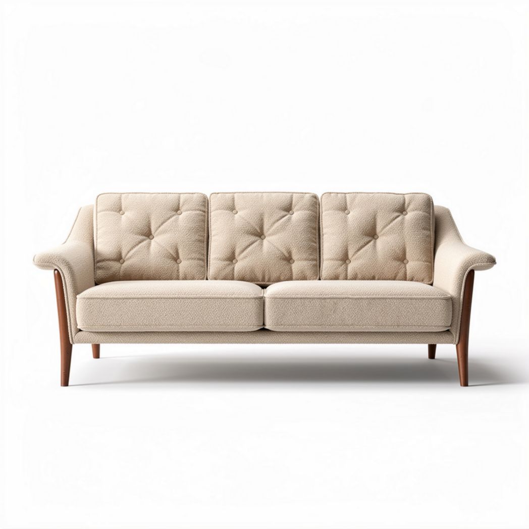 Canapé trois places en tissu beige avec pieds en bois dimensions 180 x 80 x 75cm