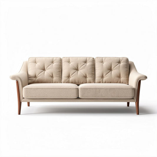 Canapé trois places en tissu beige avec pieds en bois dimensions 180 x 80 x 75cm