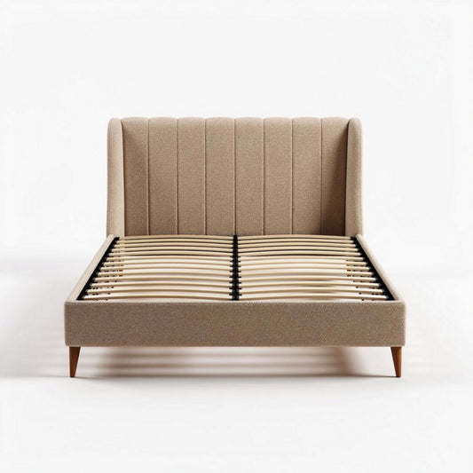 Lit en tissu beige avec sommier à lattes dimensions 200 x 160 x 100 cm