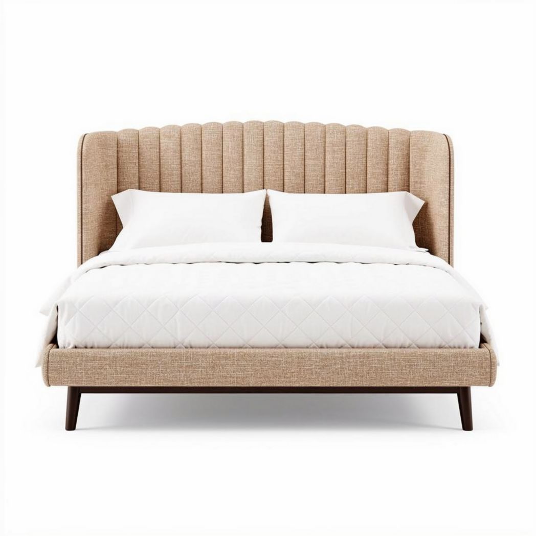 Lit en tissu beige avec tête de lit rembourrée 200 x 160 x 120cm