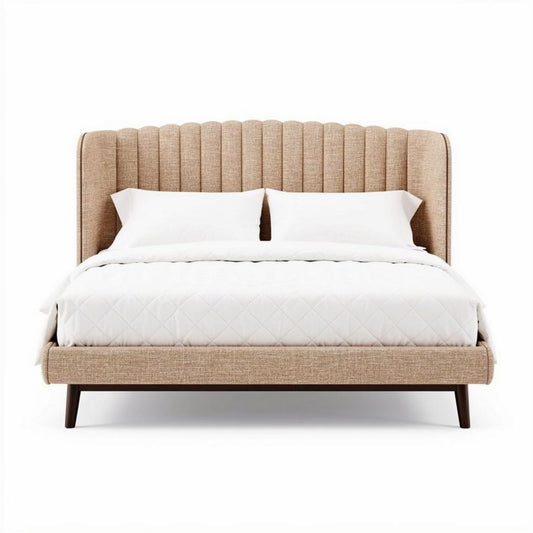 Lit en tissu beige avec tête de lit rembourrée 200 x 160 x 120cm