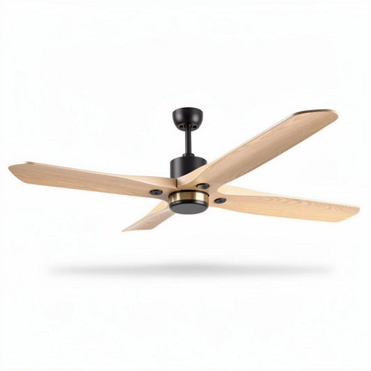 Ventilateur de plafond en bois naturel avec quatre pales noires 120 x 120 x 30cm