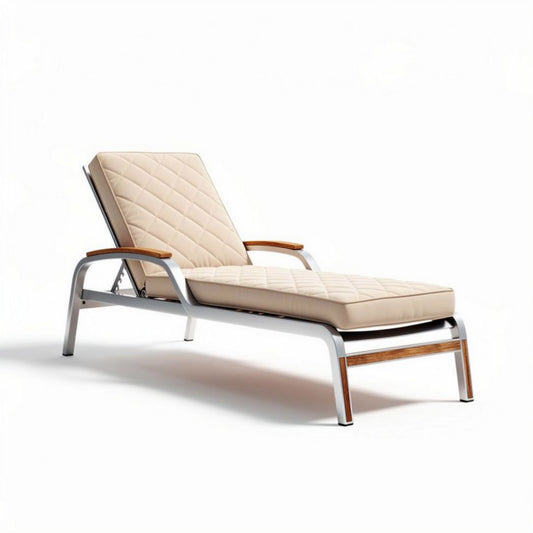 Chaise longue en aluminium et bois avec coussin en tissu beige 200 x 70 x 30cm