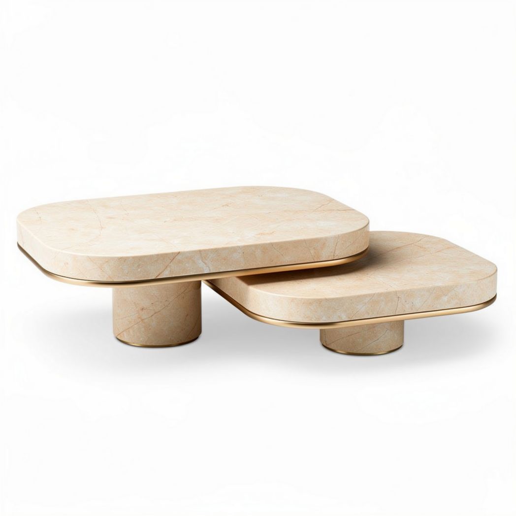 Table basse moderne en marbre beige avec finition dorée 80 x 50 x 30cm