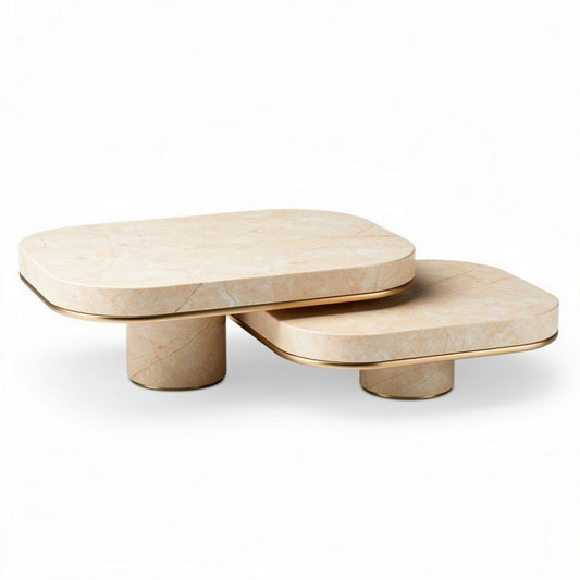 Table basse moderne en marbre beige avec finition dorée 80 x 50 x 30cm